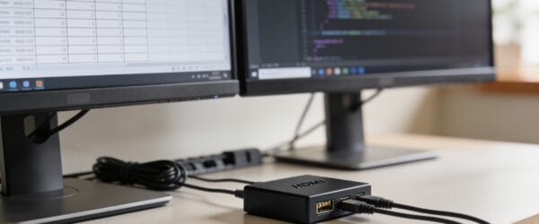 Dual-monitor desk setup with an HDMI splitter