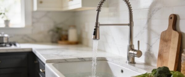 Best kitchen faucet Black Friday deals: a stainless pull-down faucet running water over a farmhouse sink