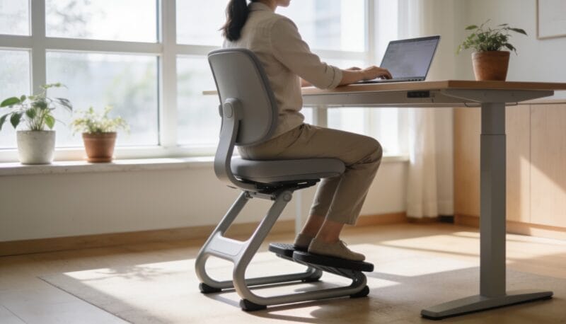 Person sitting upright in an ergonomic kneeling chair at a desk