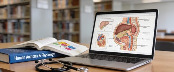 Laptop showing anatomy with a stethoscope and medical textbook