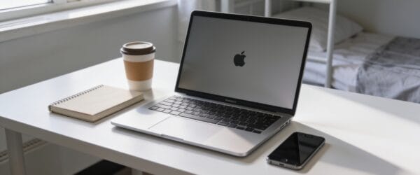 MacBook on a dorm desk with coffee and notebook