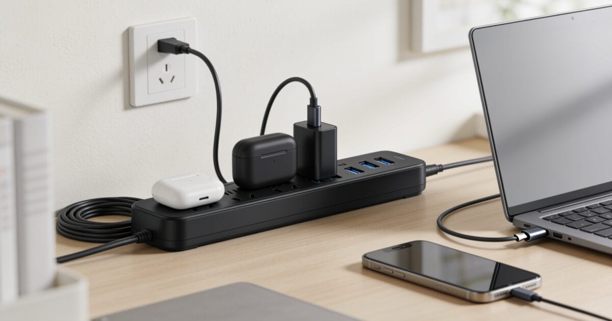 A surge protector power strip charging devices on a tidy desk