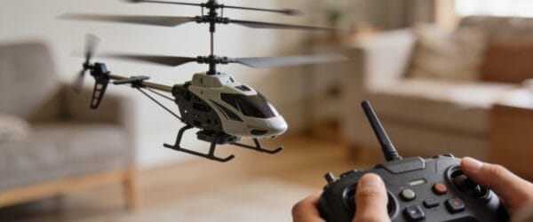 RC helicopter hovering indoors with a hand on the controller