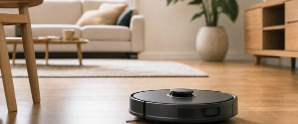 Sleek robot vacuum cleaning a wooden living room floor