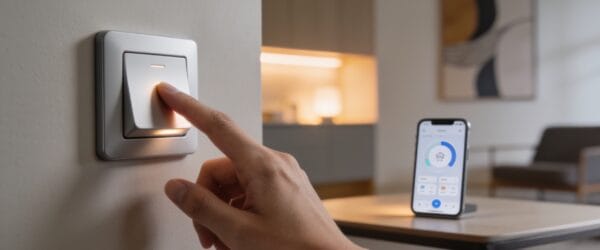 Hand pressing a smart light switch with a smart-home app nearby