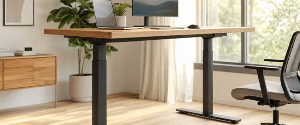 Modern wood-top standing desk raised in a bright home office