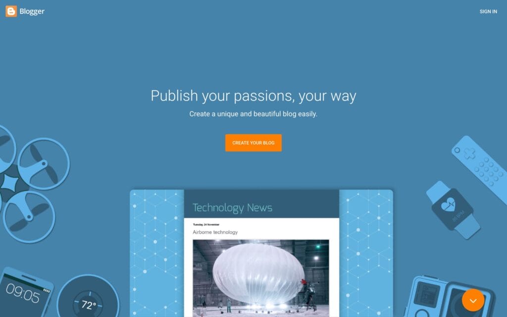 Blogger homepage screenshot for the best free blogging platform comparison.