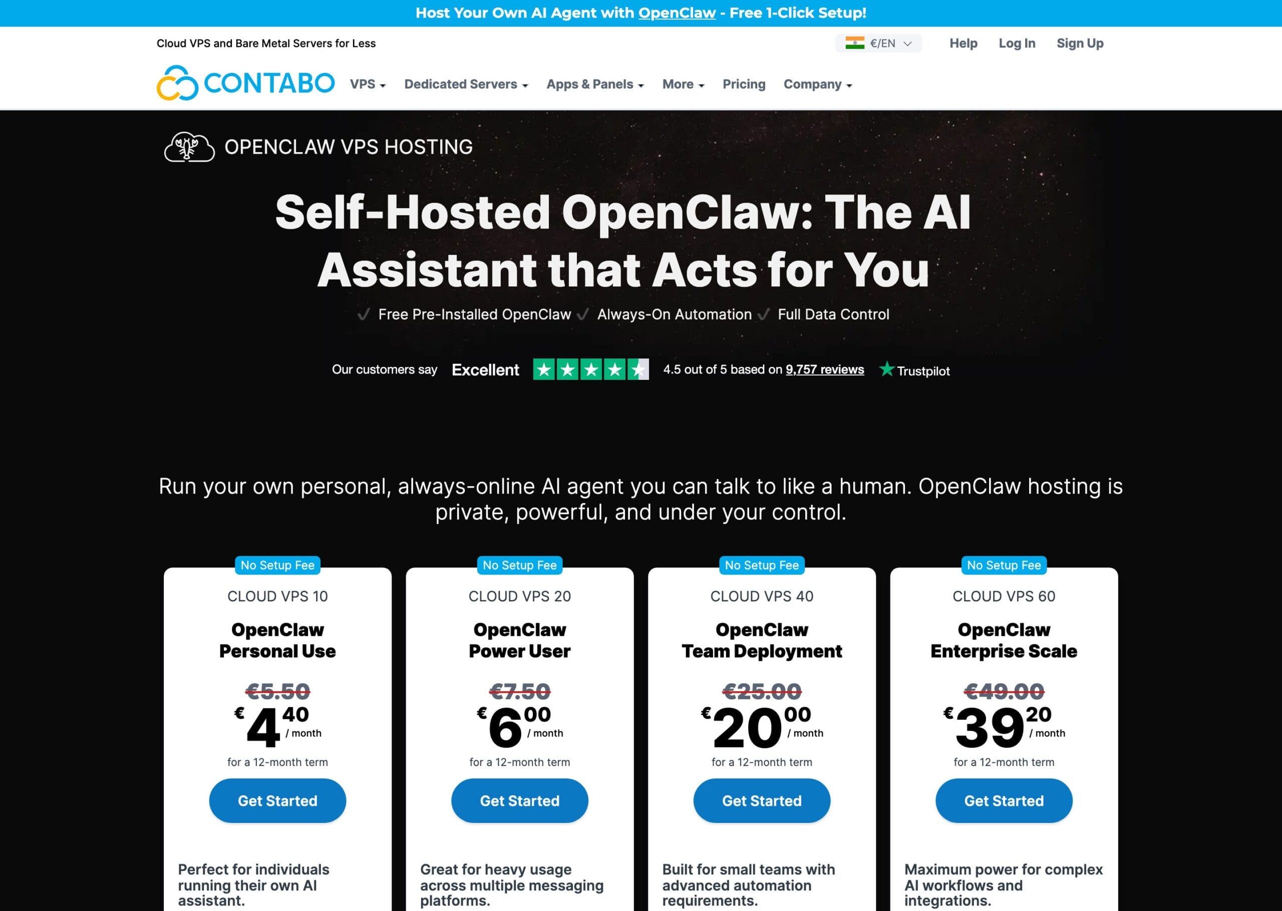 Contabo OpenClaw VPS hosting plans starting around 5.50 euro per month