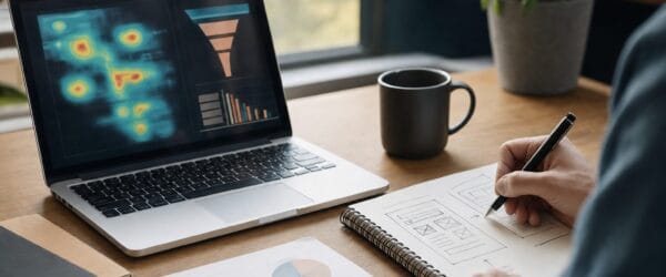 Conversion rate optimization tools shown as heatmaps and funnel charts on a laptop