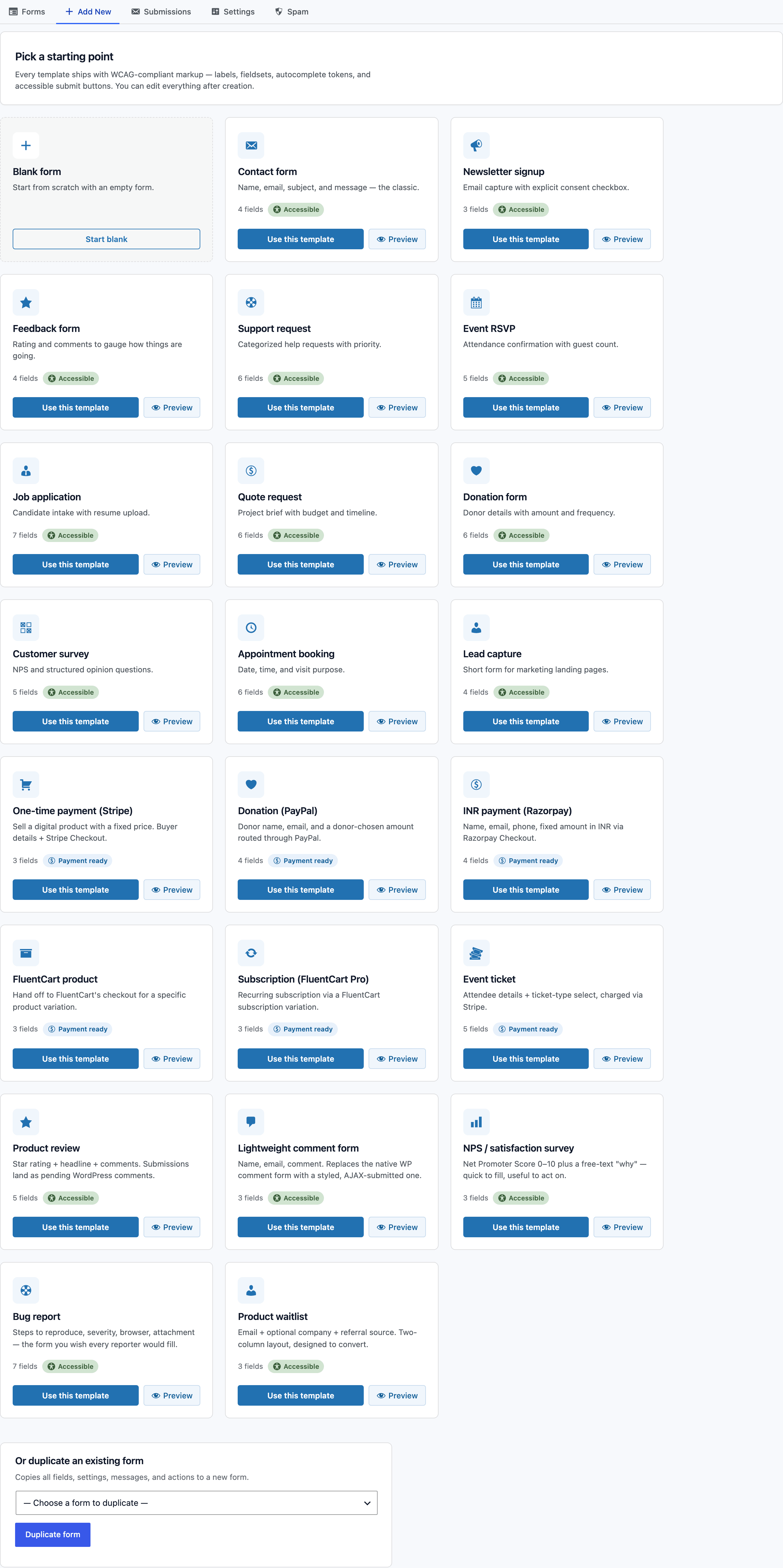 Core Forms Add New Form screen with the HTML form editor in WordPress