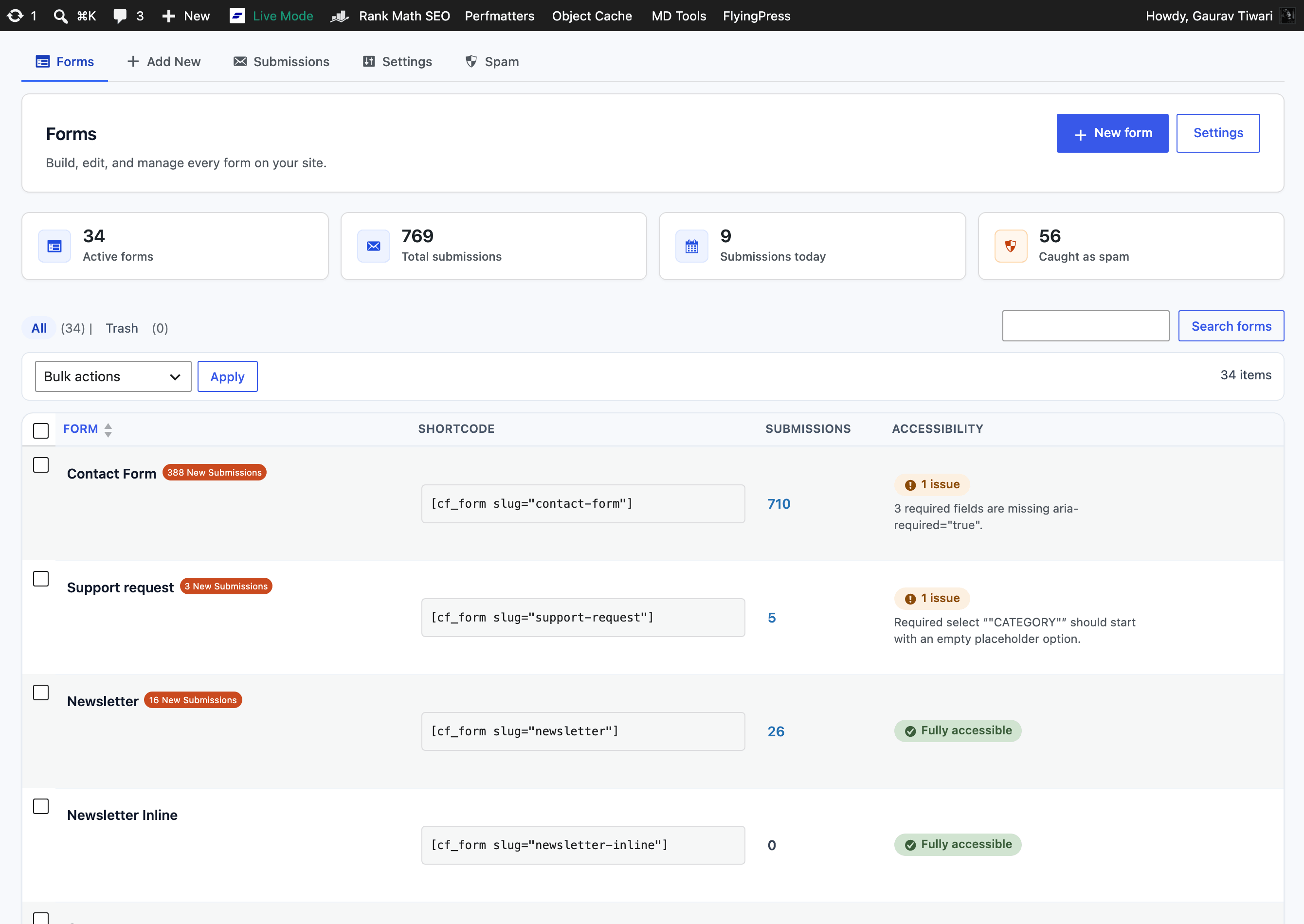 Core Forms plugin Forms list in WordPress admin showing active forms, shortcodes, submission counts and accessibility status