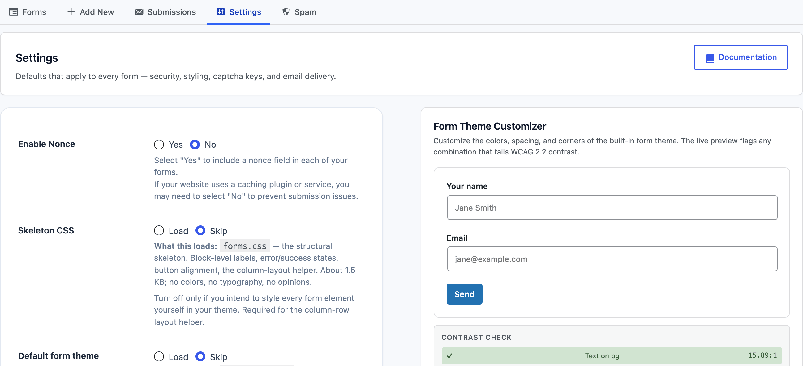 Core Forms general settings showing hooks toggle, wrapper tag and form theme customizer