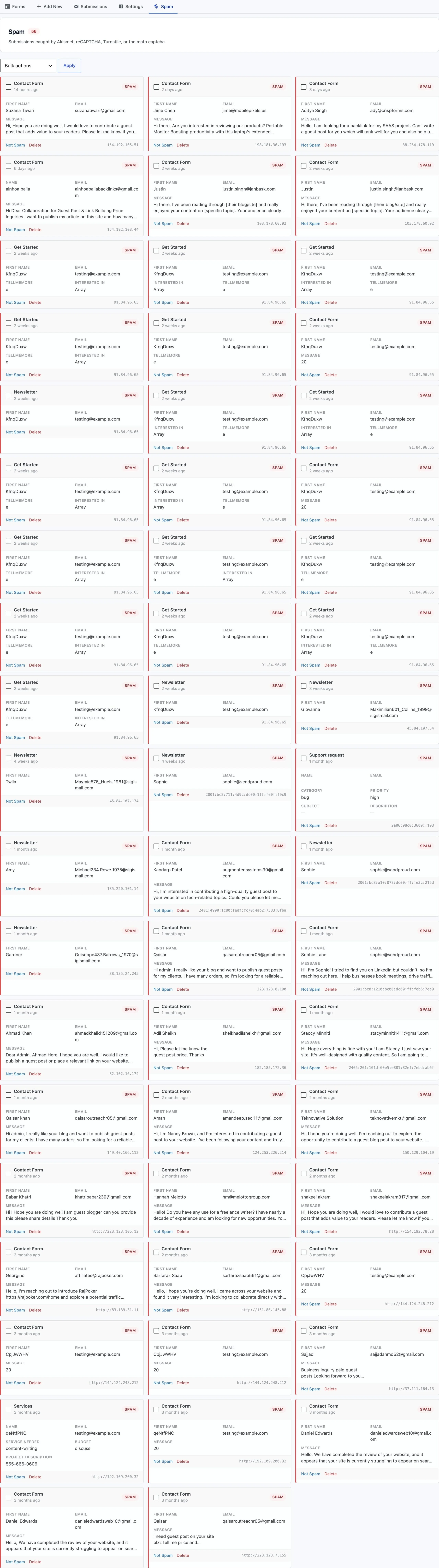 Core Forms spam protection screen with honeypot, Math CAPTCHA, reCAPTCHA v3, hCaptcha, Turnstile and Akismet options