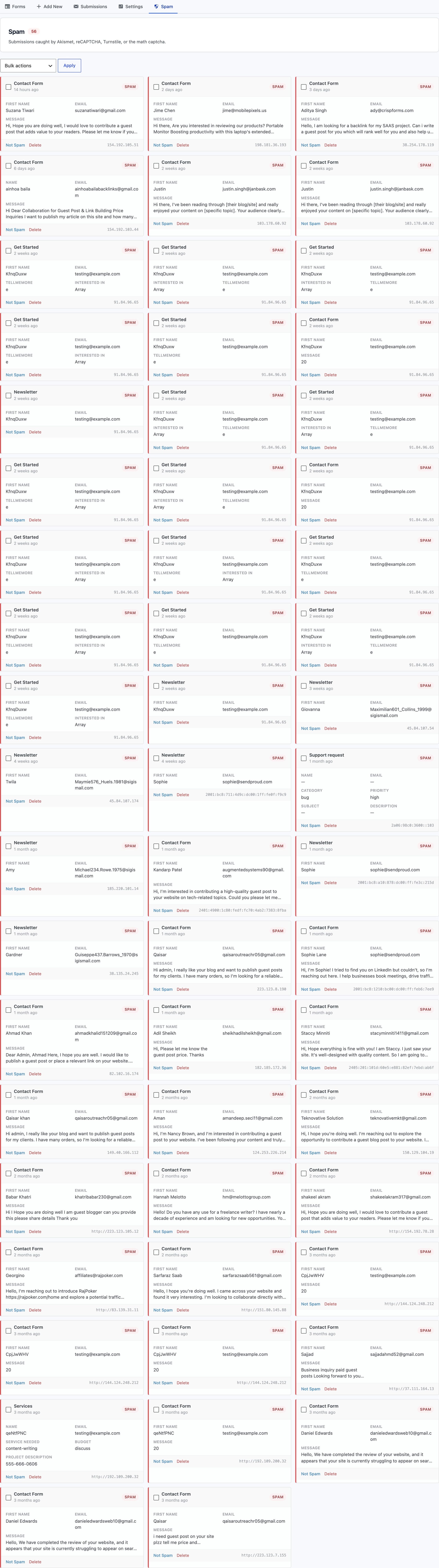 Core Forms spam protection screen with honeypot, Math CAPTCHA, reCAPTCHA v3, hCaptcha, Turnstile and Akismet options