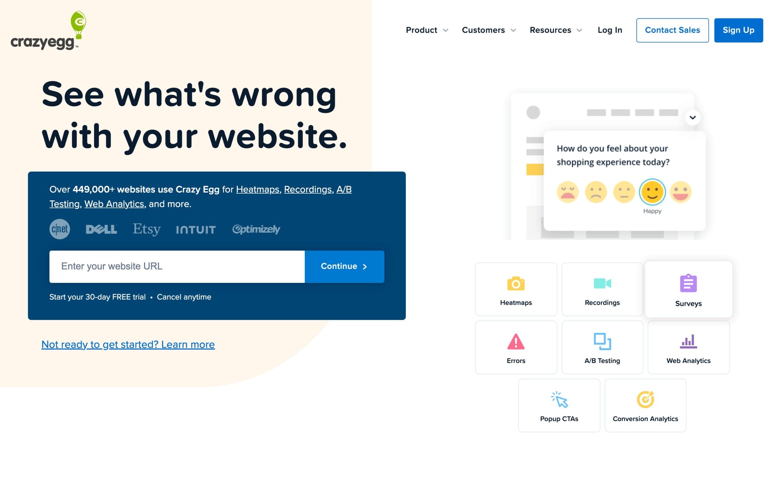 Crazy Egg homepage: heatmaps, recordings, surveys, and A/B testing used by 449,000+ websites