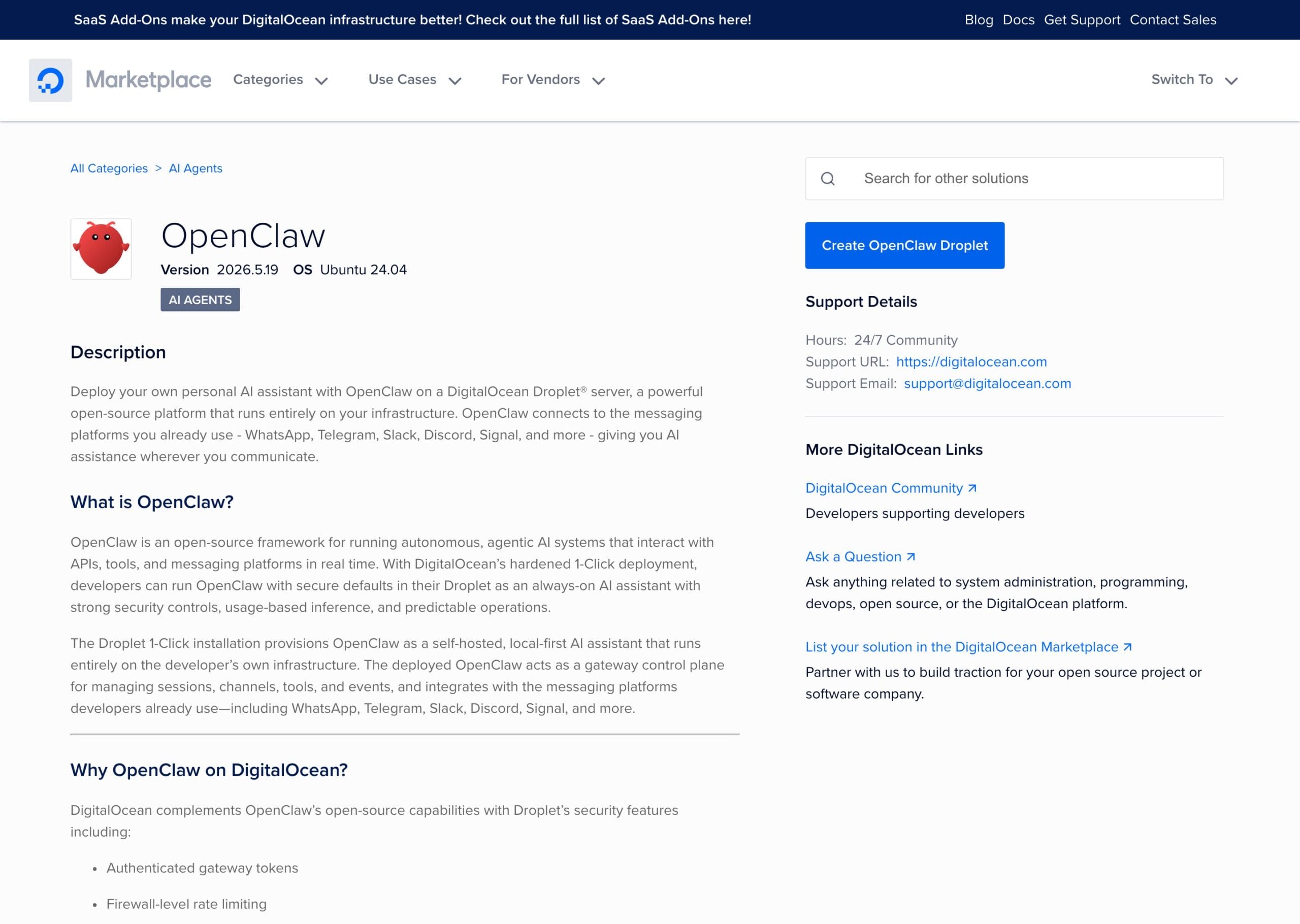 DigitalOcean Marketplace hardened one-click OpenClaw droplet on Ubuntu 24.04