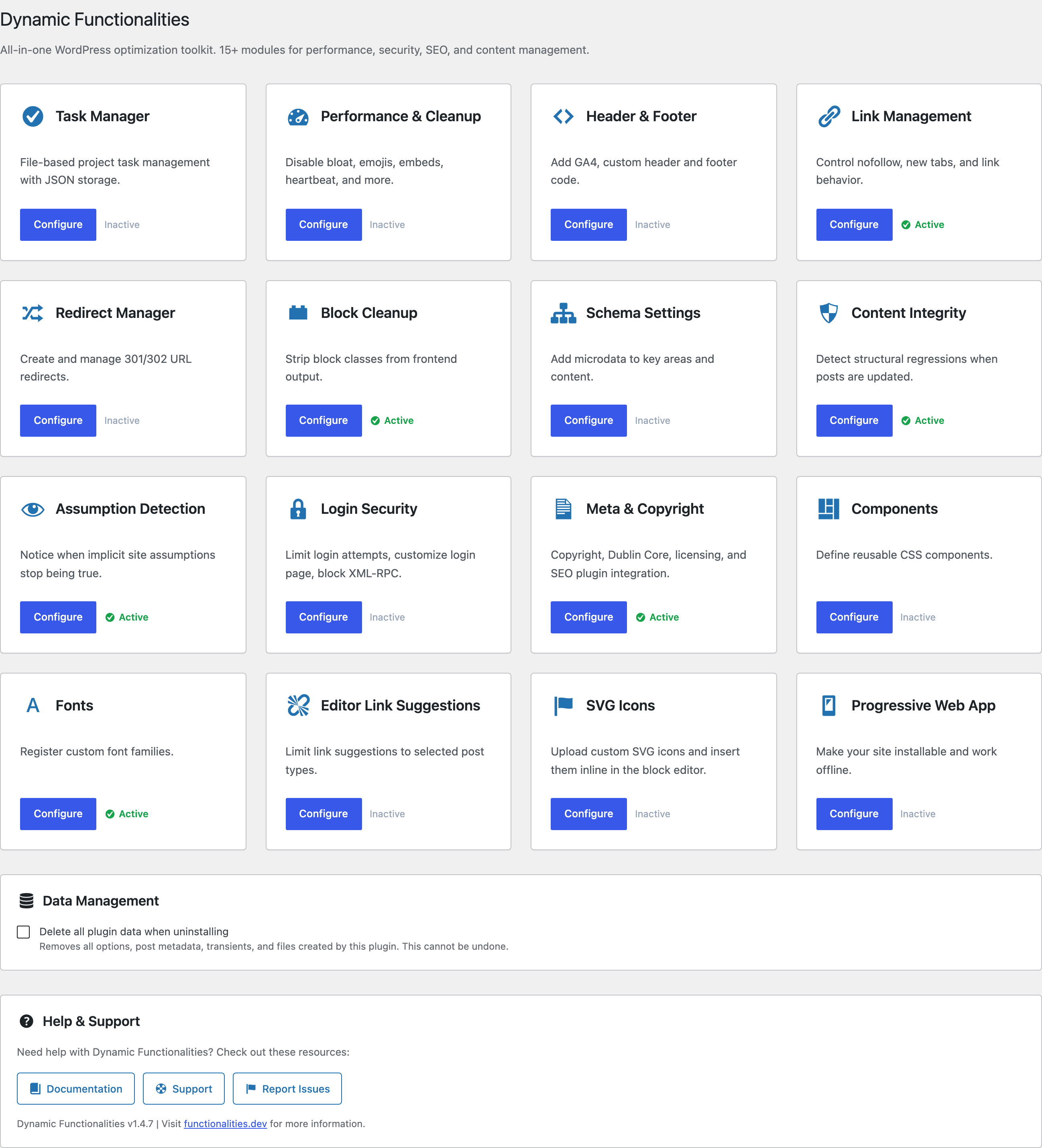 Dynamic Functionalities plugin dashboard in WordPress admin showing all 16 module cards with enable toggles