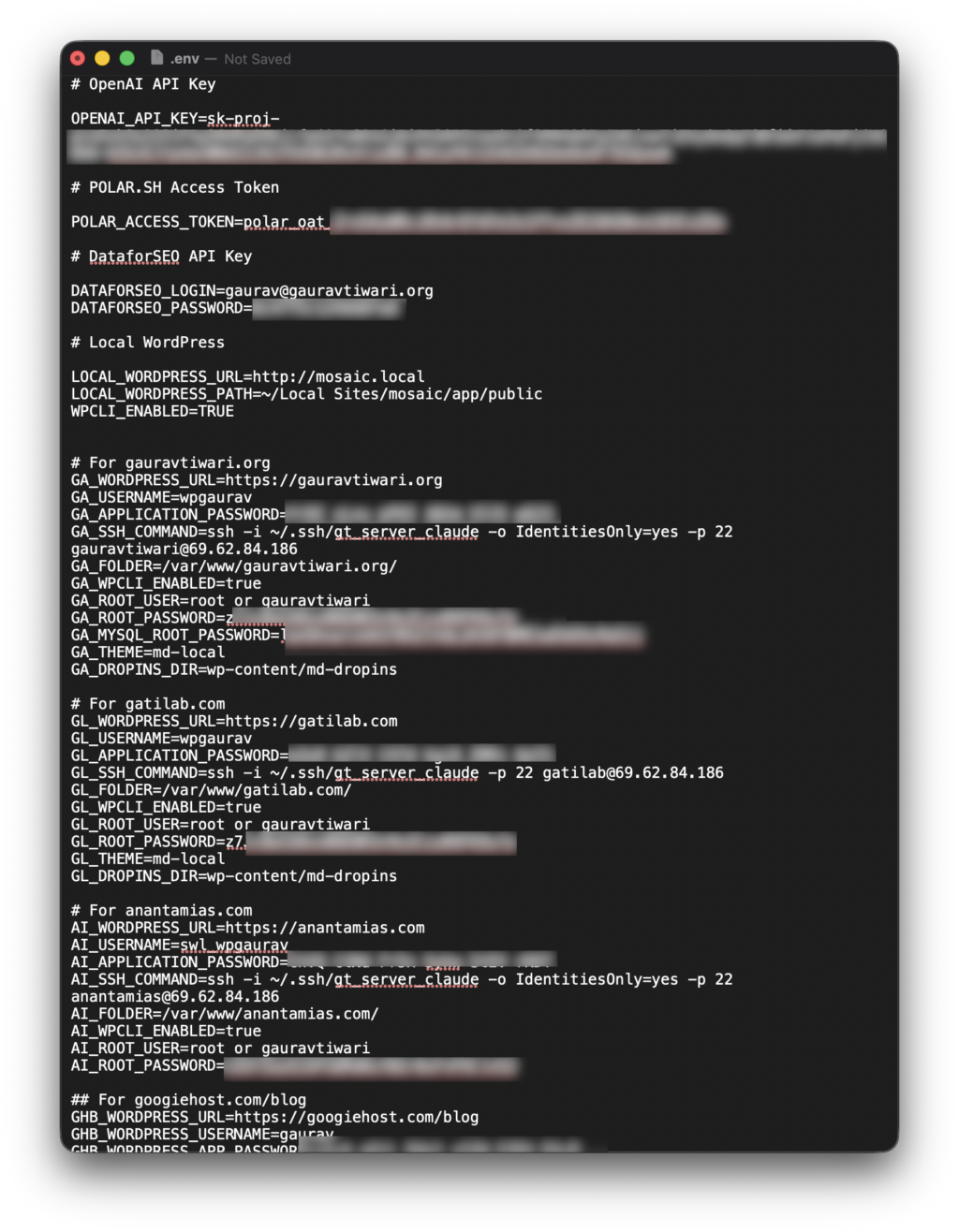 Environment file with API keys and WordPress credentials for several sites