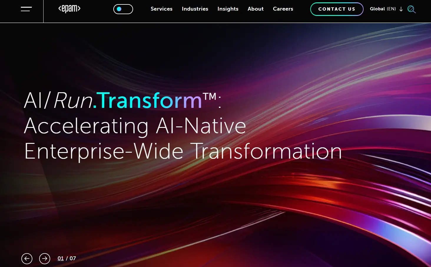 EPAM Systems website showing AI-native enterprise transformation for healthcare