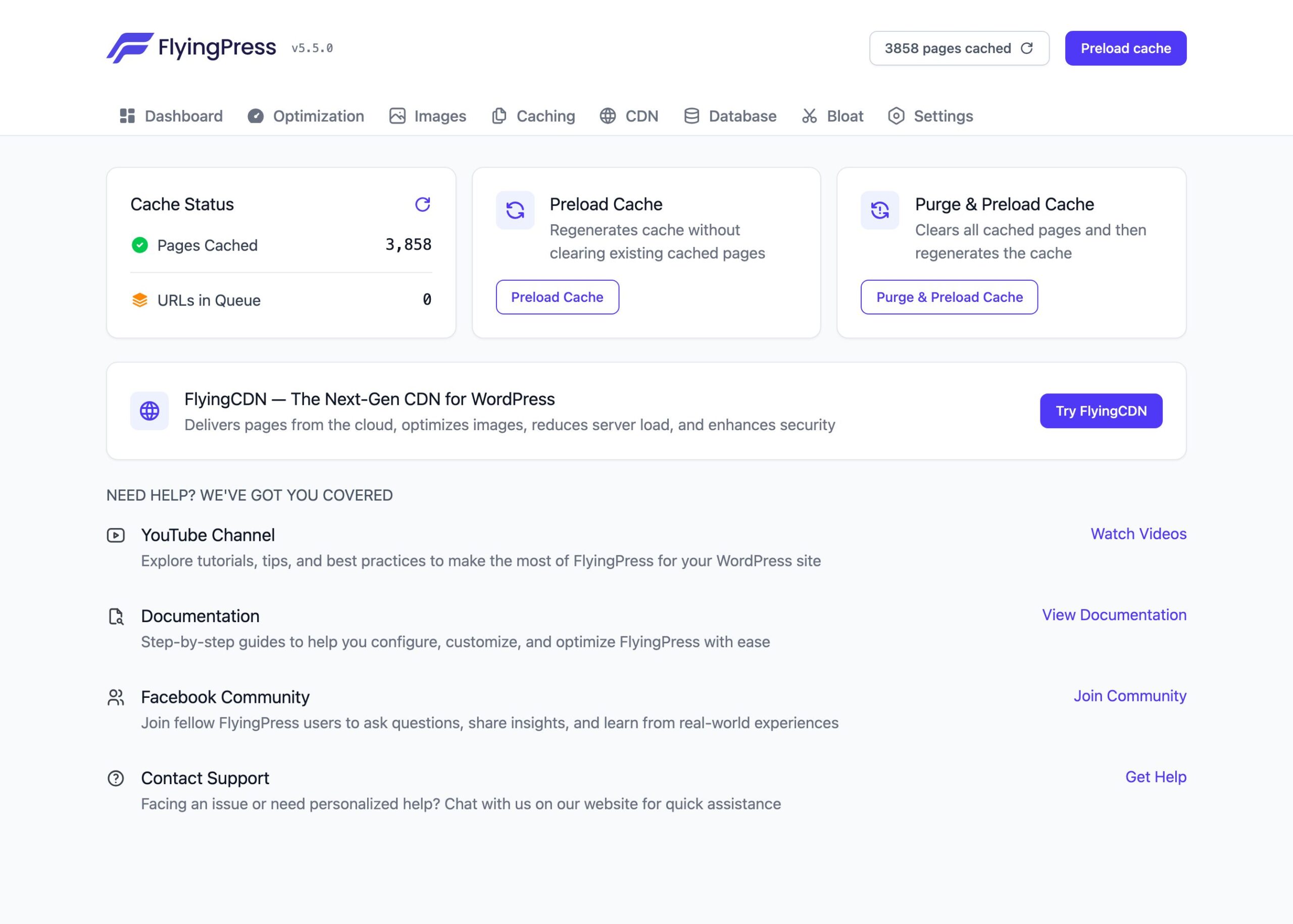 FlyingPress 5.5 dashboard showing cache status with 3,858 pages cached, preload and purge controls
