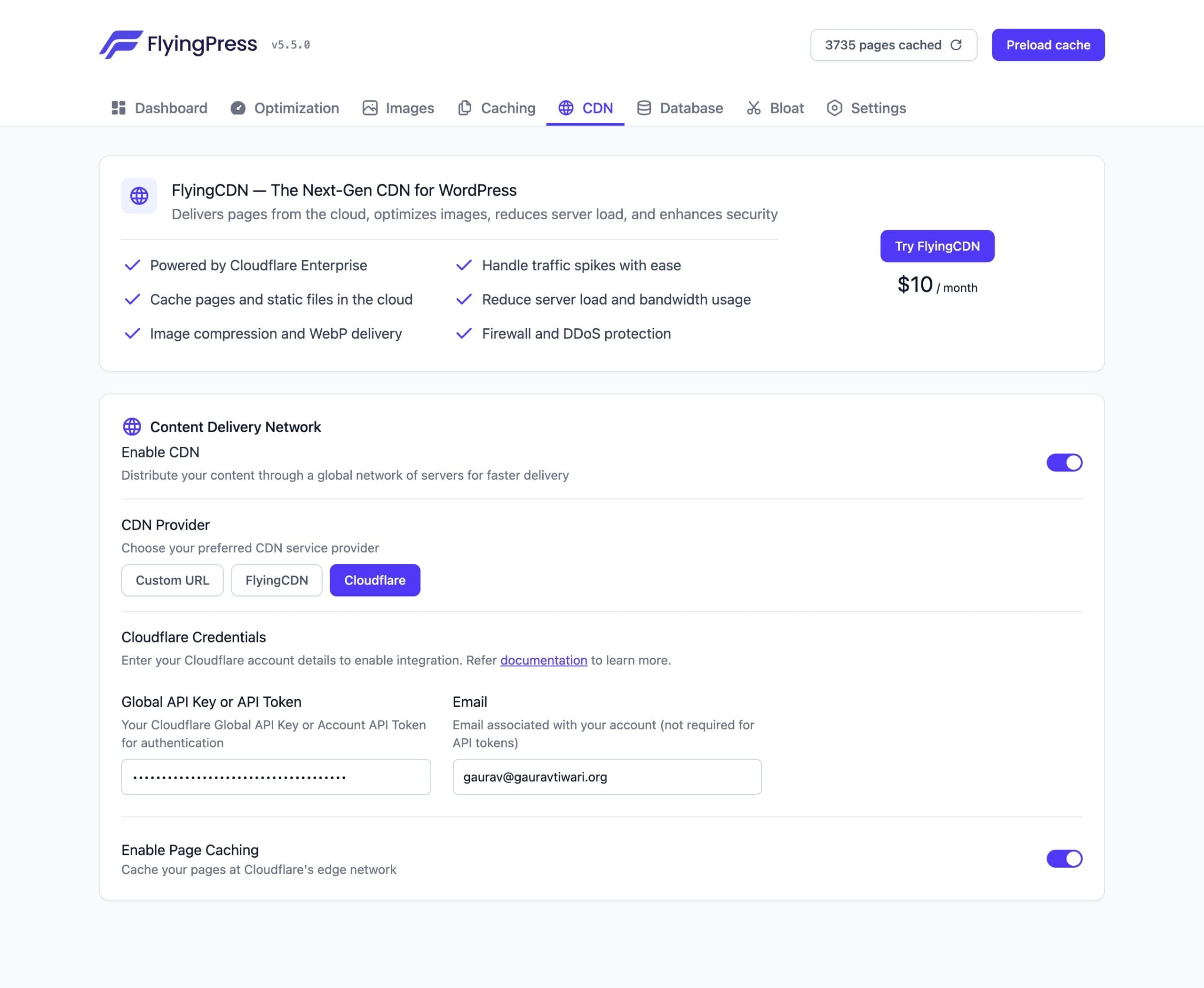 FlyingPress CDN settings with Cloudflare integration and page caching at the edge