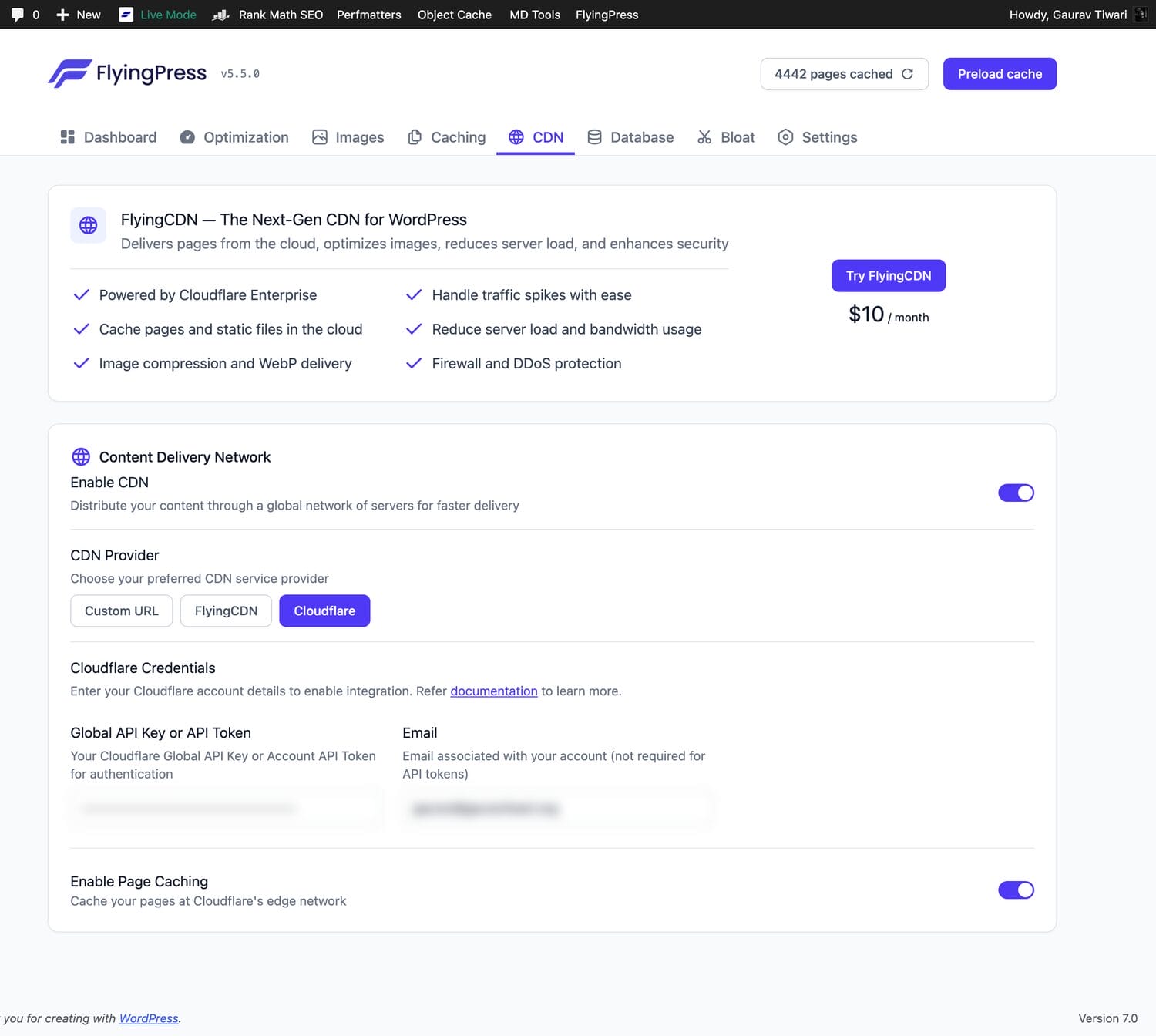 FlyingPress Cloudflare CDN settings with credentials blurred