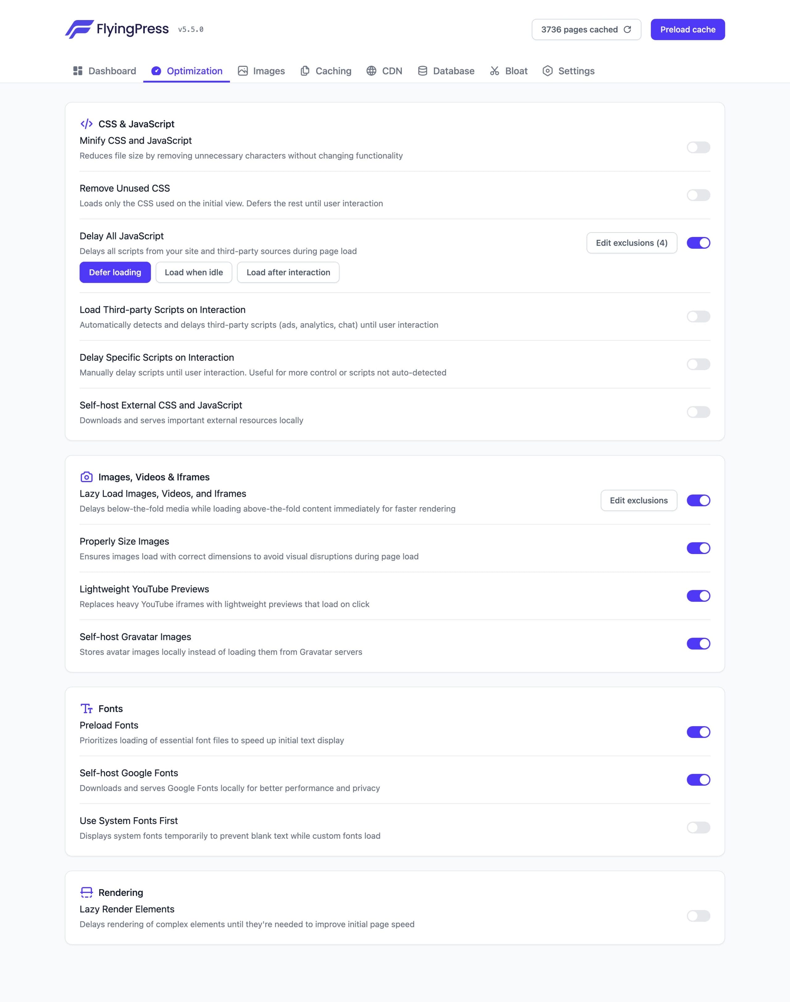 FlyingPress optimization settings: remove unused CSS, delay JavaScript, lazy load images and self-host Google Fonts