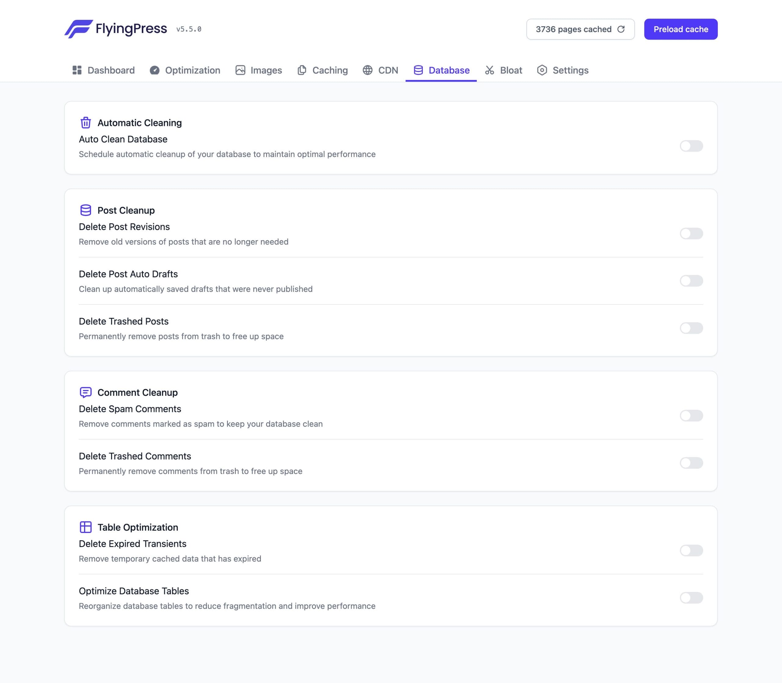 FlyingPress database cleanup settings for revisions, transients and table optimization