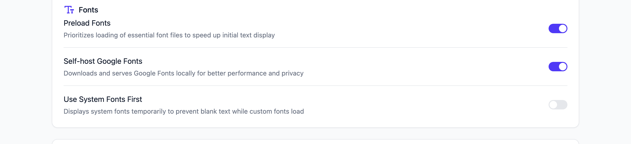 FlyingPress font settings: preload fonts, self-host Google Fonts and system font fallback