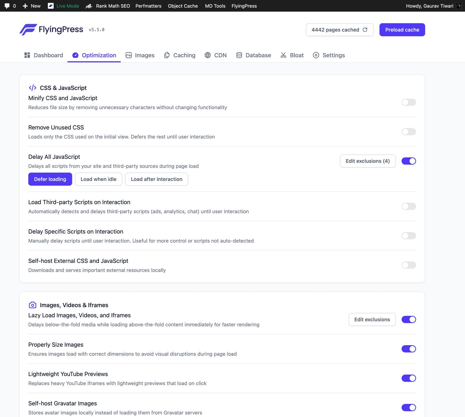 FlyingPress Optimization tab showing my actual CSS and JavaScript settings