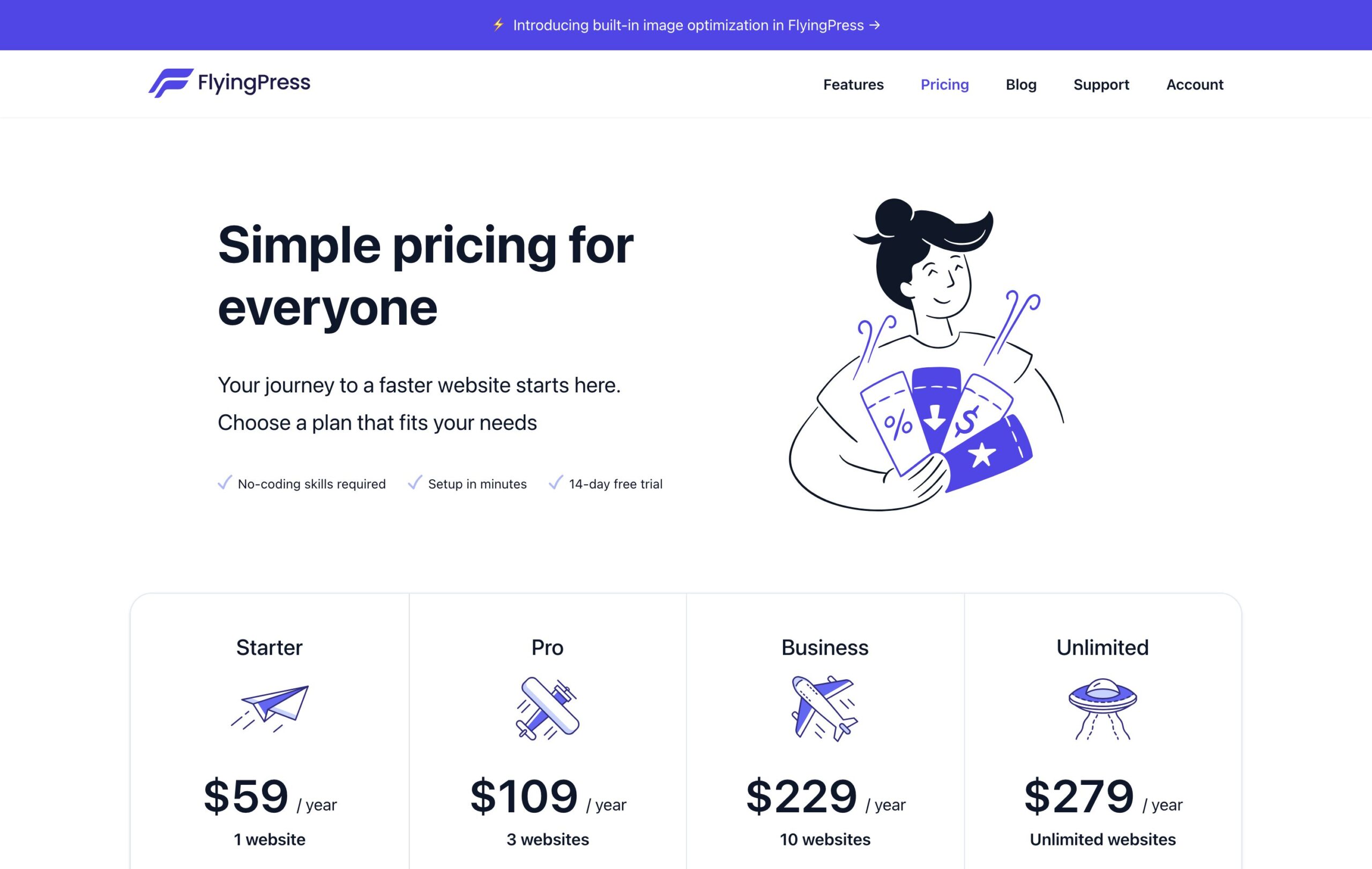 FlyingPress pricing plans: Starter $59, Pro $109, Business $229, Unlimited $279 per year