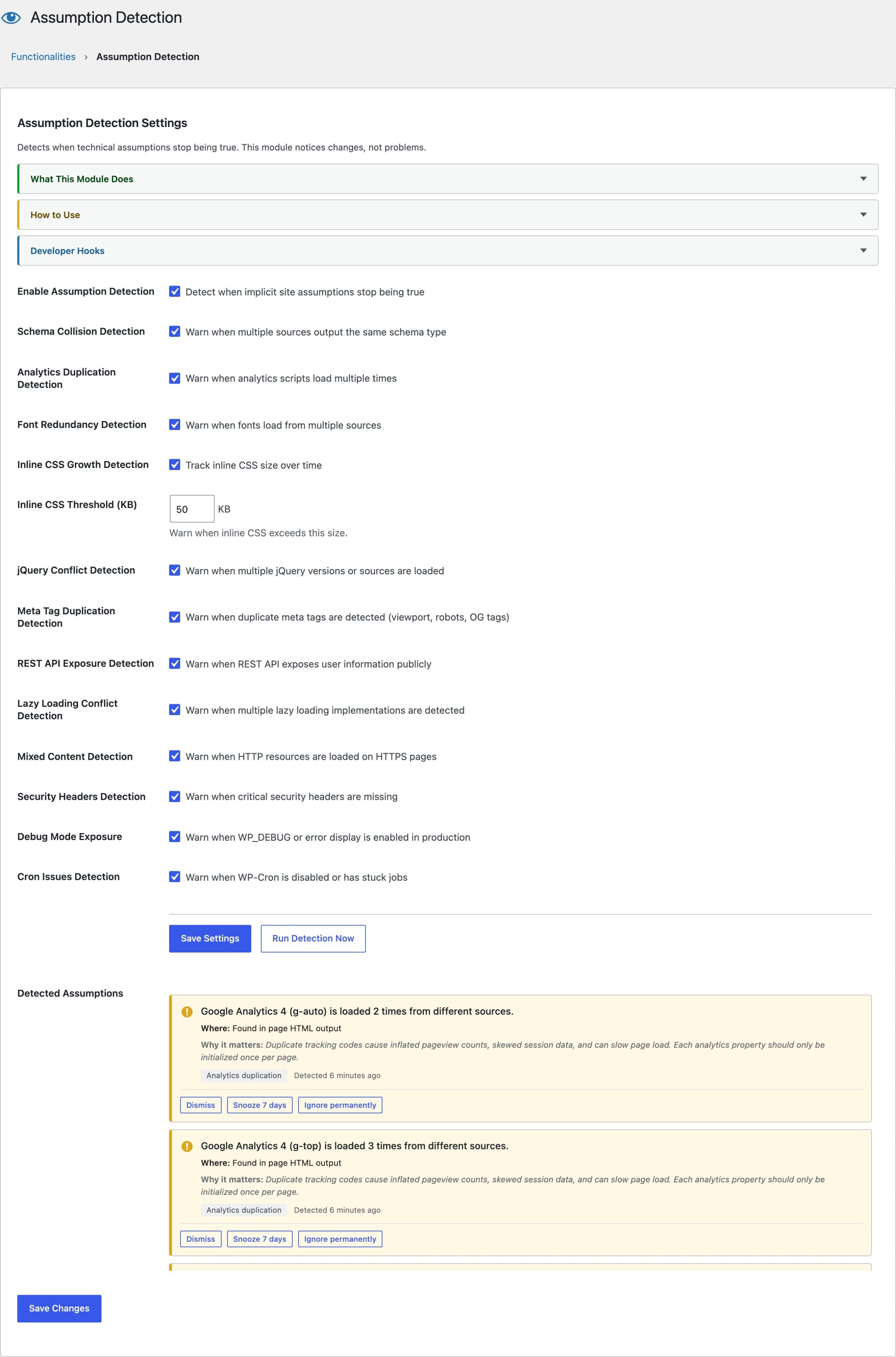 Assumption Detection module showing site monitoring detectors in Dynamic Functionalities