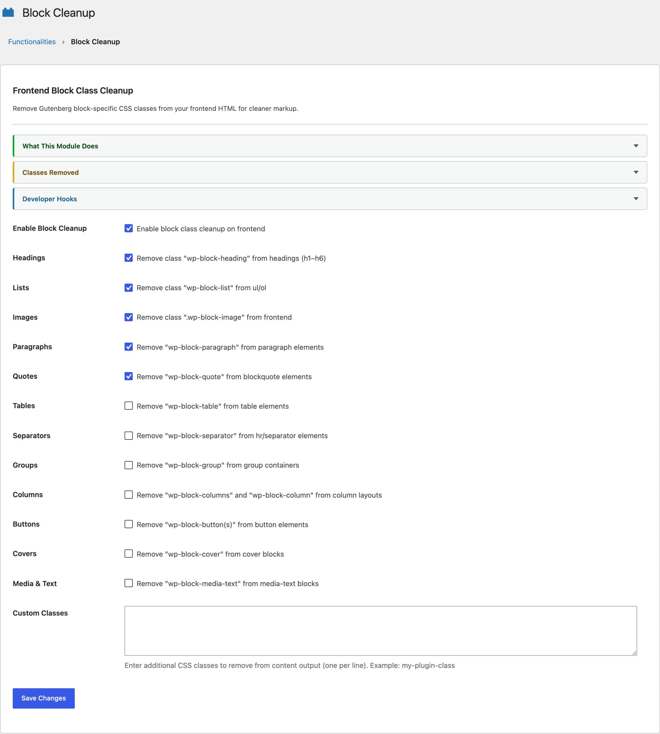 Block Cleanup module to remove wp-block CSS classes from WordPress frontend HTML