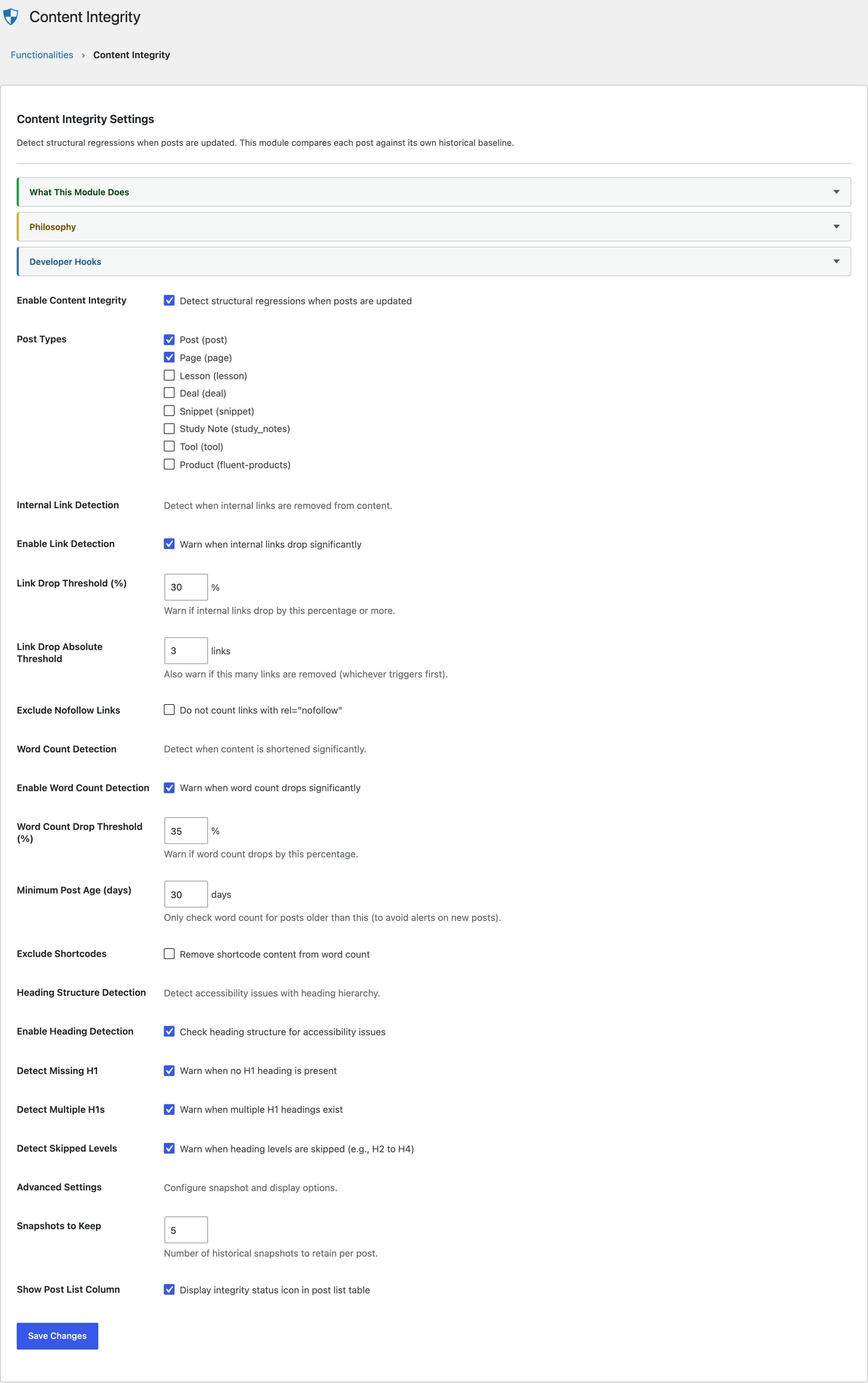 Content Integrity module settings for content regression detection in WordPress