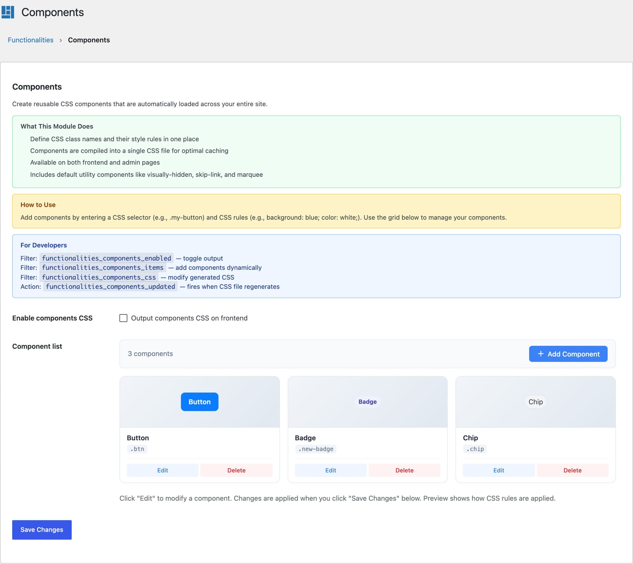 Components module for reusable CSS components in Dynamic Functionalities