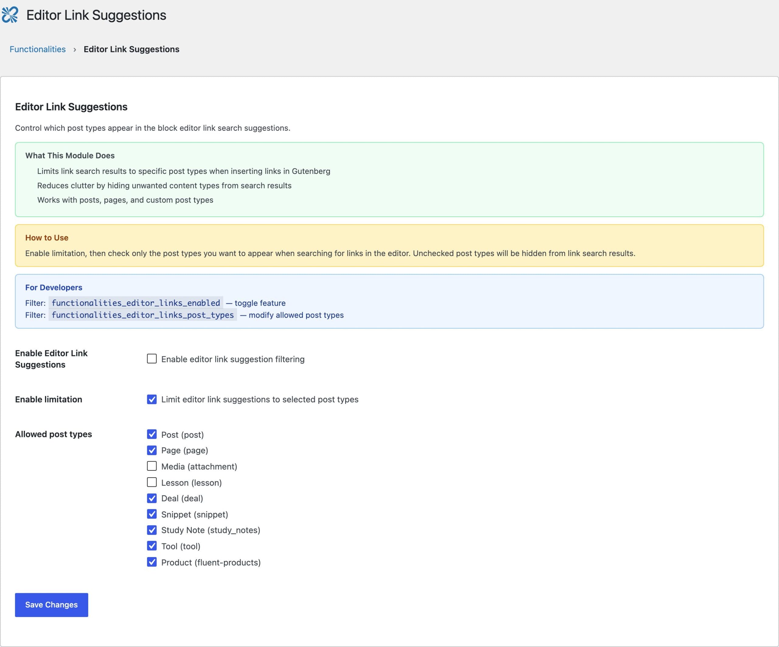 Editor Link Suggestions module to limit block editor link autocomplete to selected post types