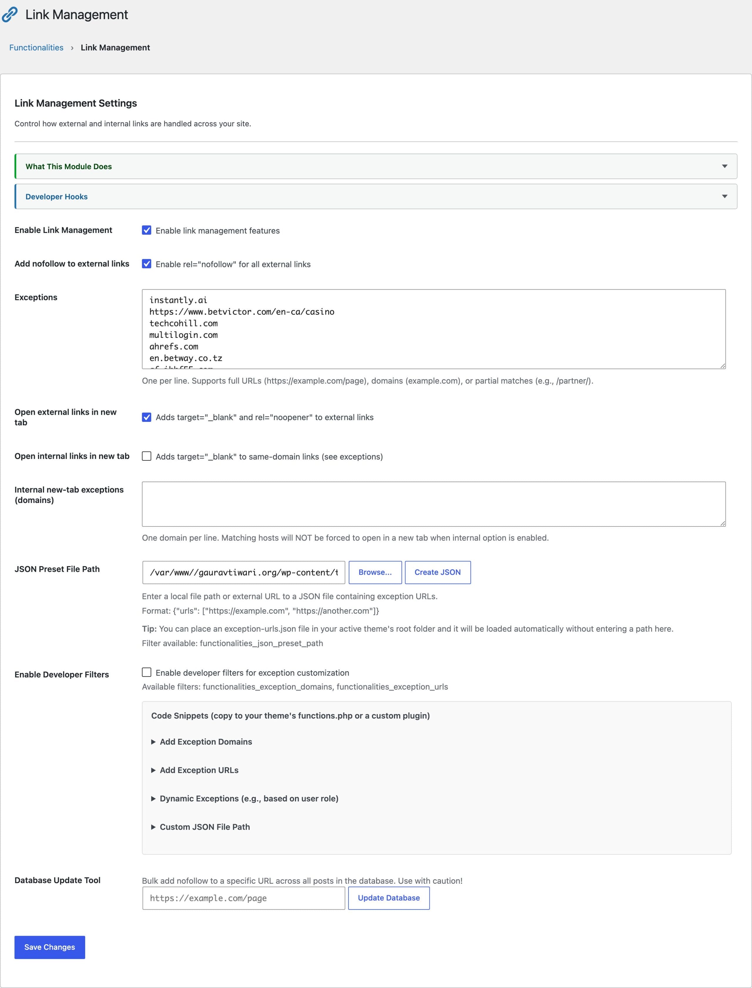 Link Management module settings for automatic nofollow and new tab control in WordPress