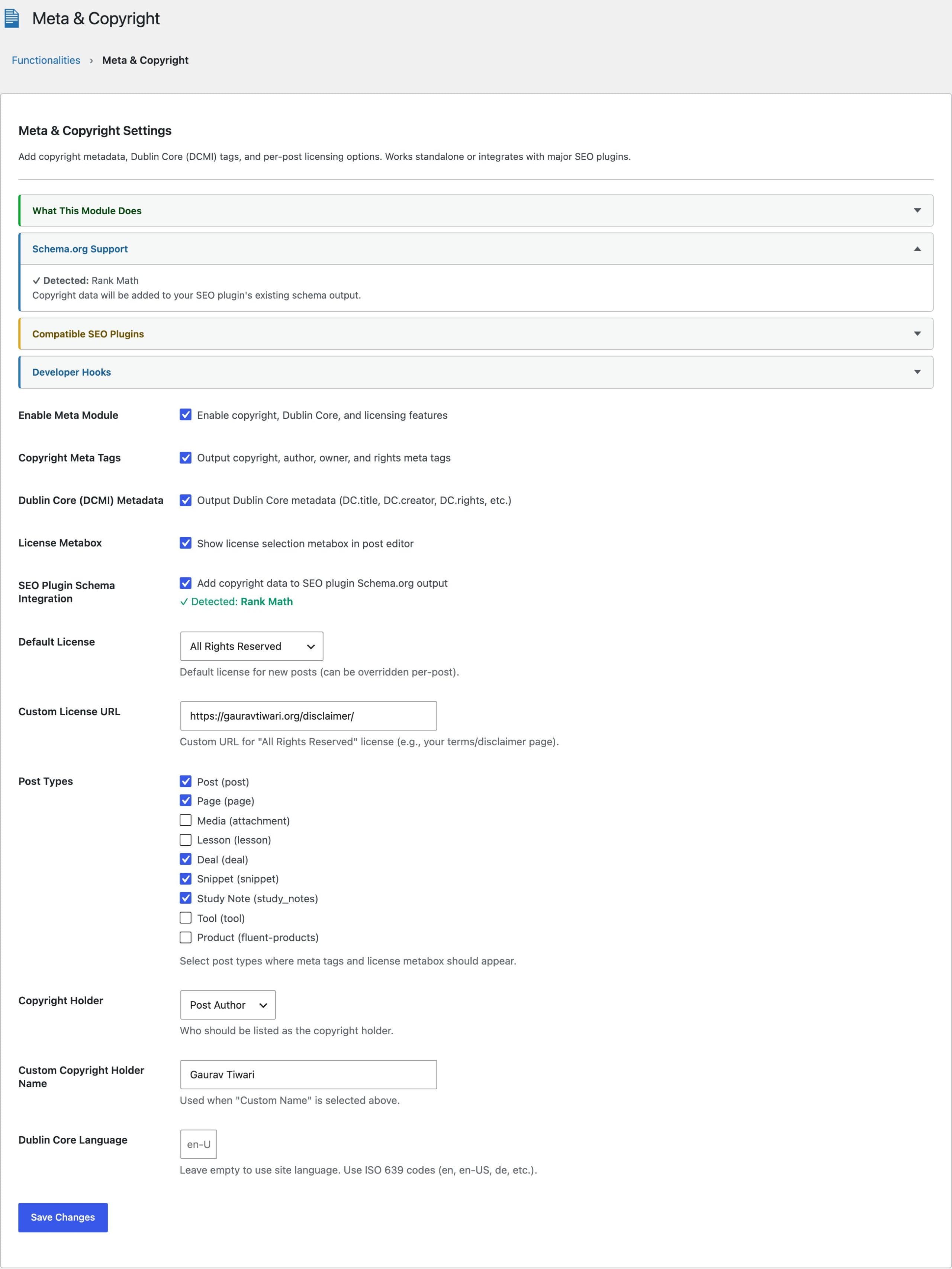Meta and Copyright module settings for Dublin Core, licensing and SEO plugin integration