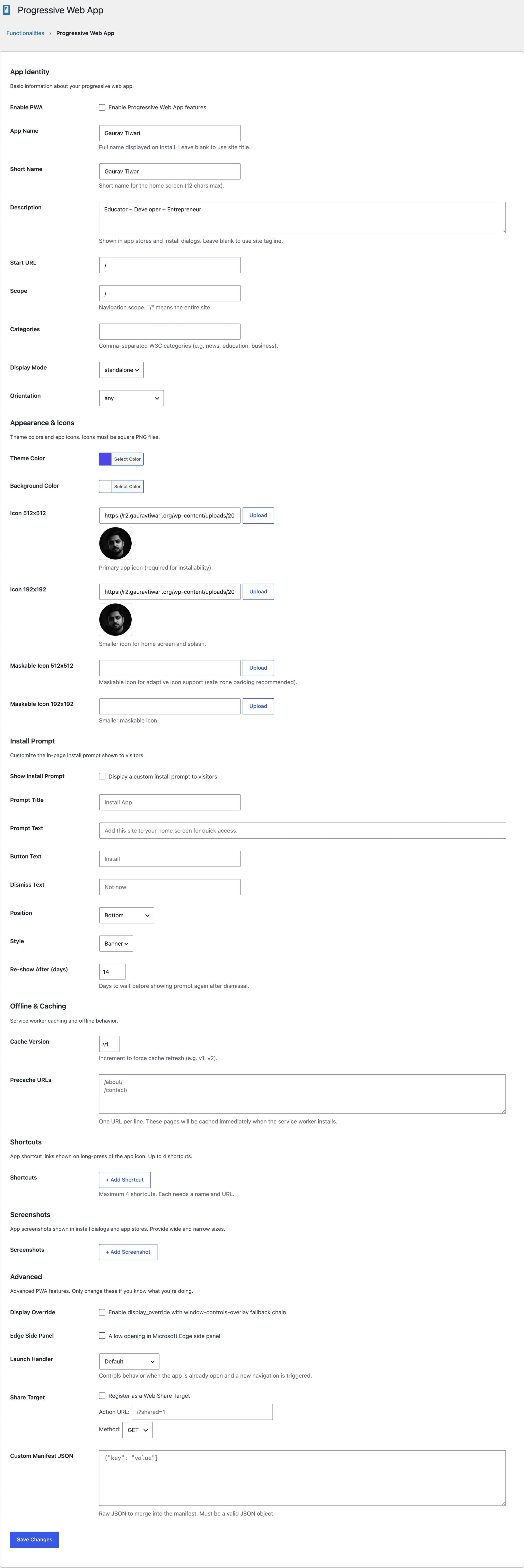 Progressive Web App module settings making a WordPress site installable with service worker support