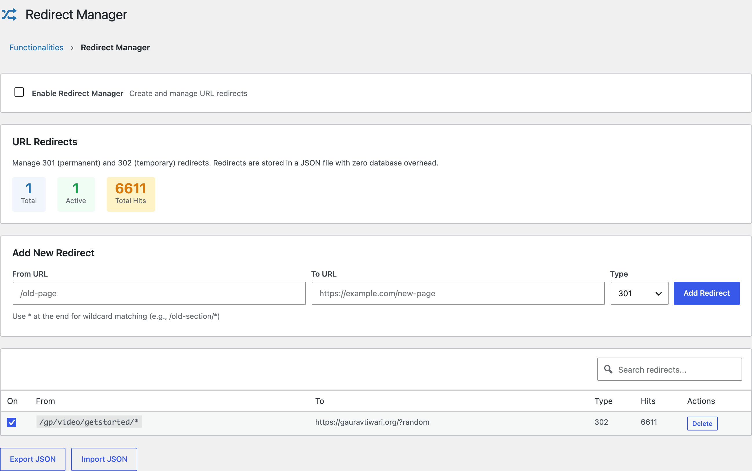 Redirect Manager module in Dynamic Functionalities showing 301 redirect creation form and hit tracking