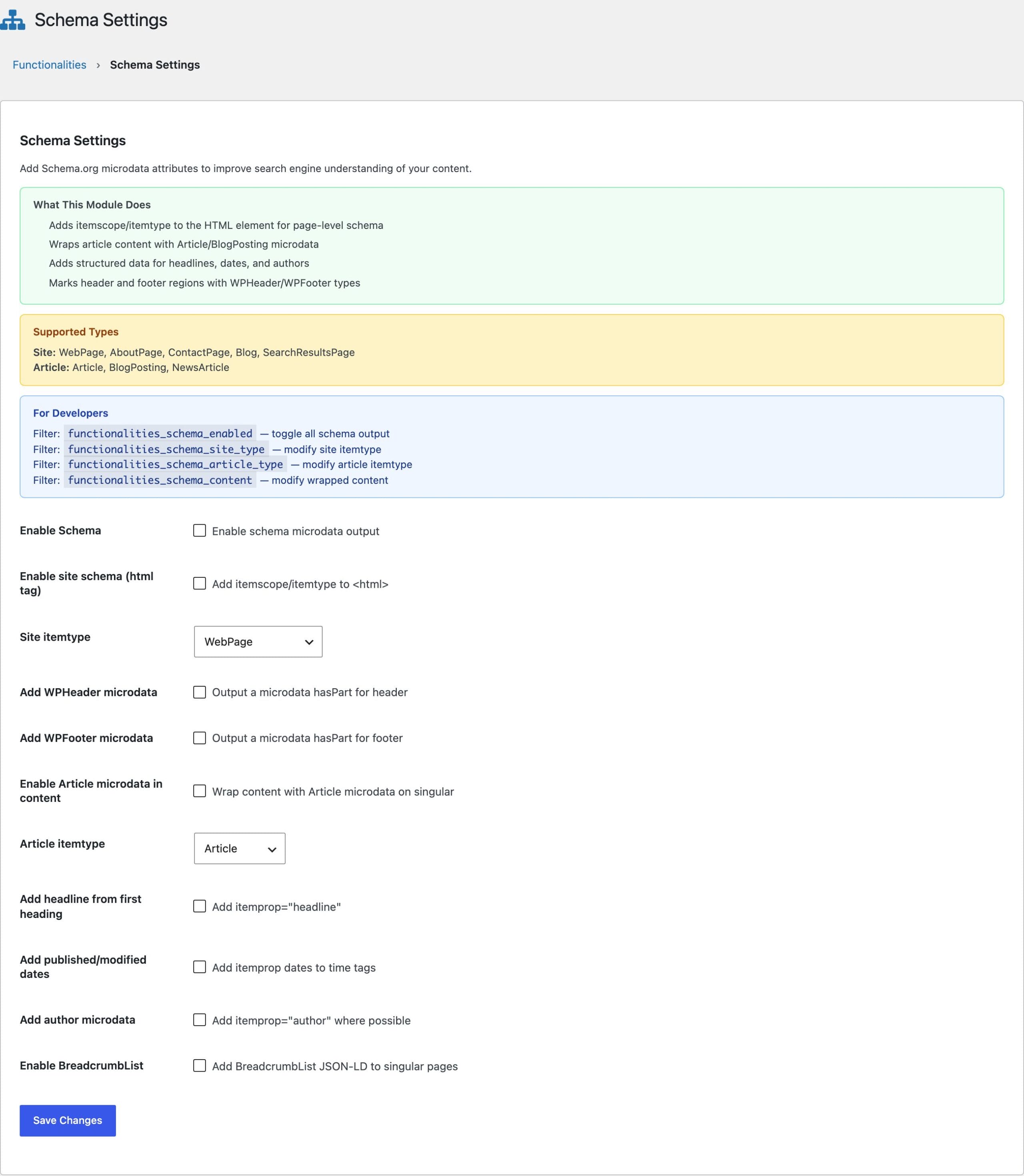 Schema Settings module for Schema.org microdata and BreadcrumbList JSON-LD in WordPress