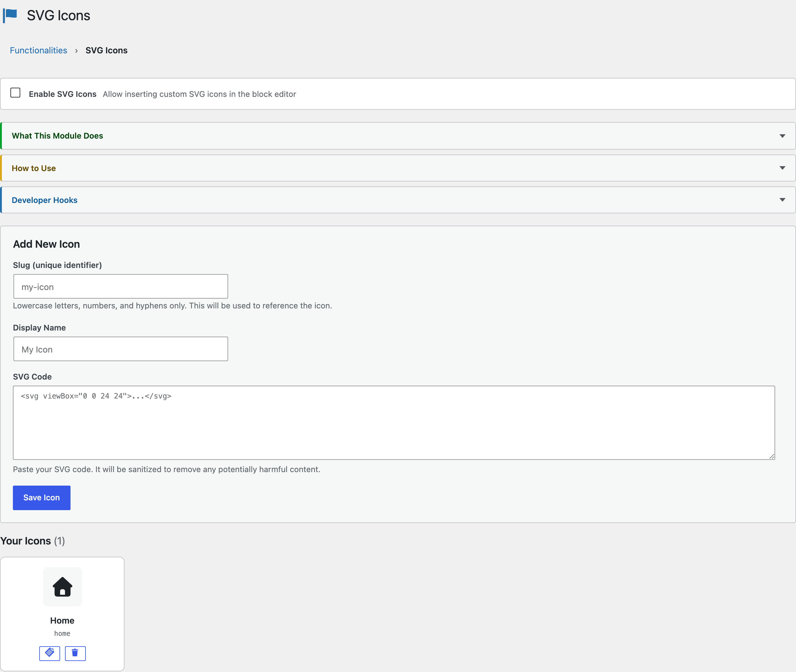 SVG Icons module for safe SVG upload and inline insertion in the WordPress block editor