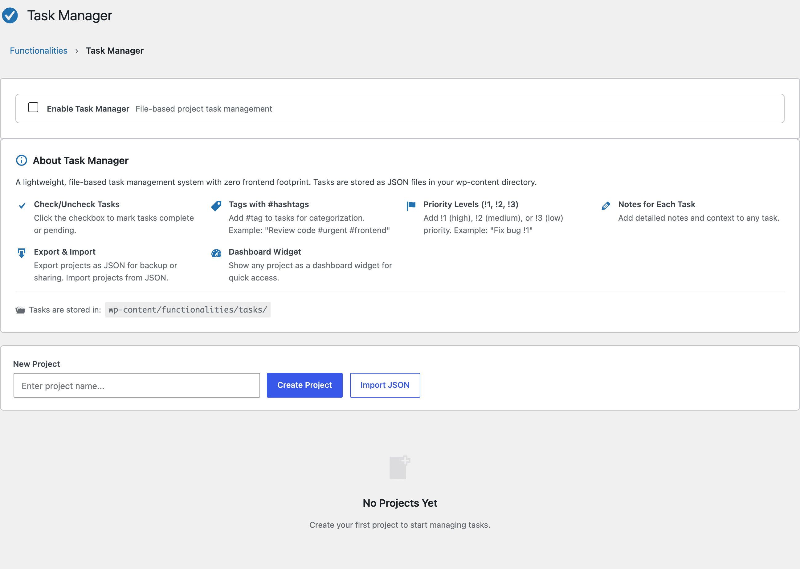 Task Manager module settings in Dynamic Functionalities showing file-based project task management options