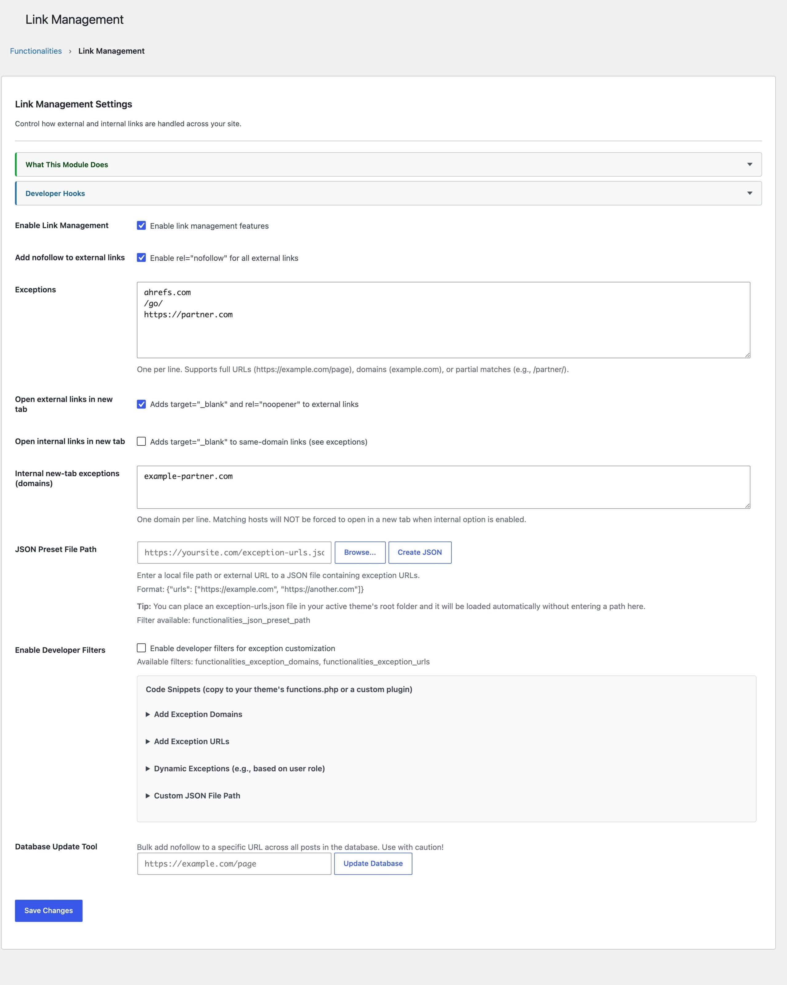 The Functionalities Link Management settings screen for bulk nofollow in WordPress: the nofollow toggle, exceptions list, JSON preset, and Database Update Tool