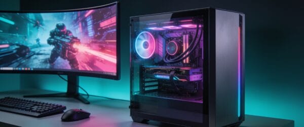 Gaming PC Black Friday deals: a prebuilt RTX gaming desktop with RGB lighting next to a curved gaming monitor