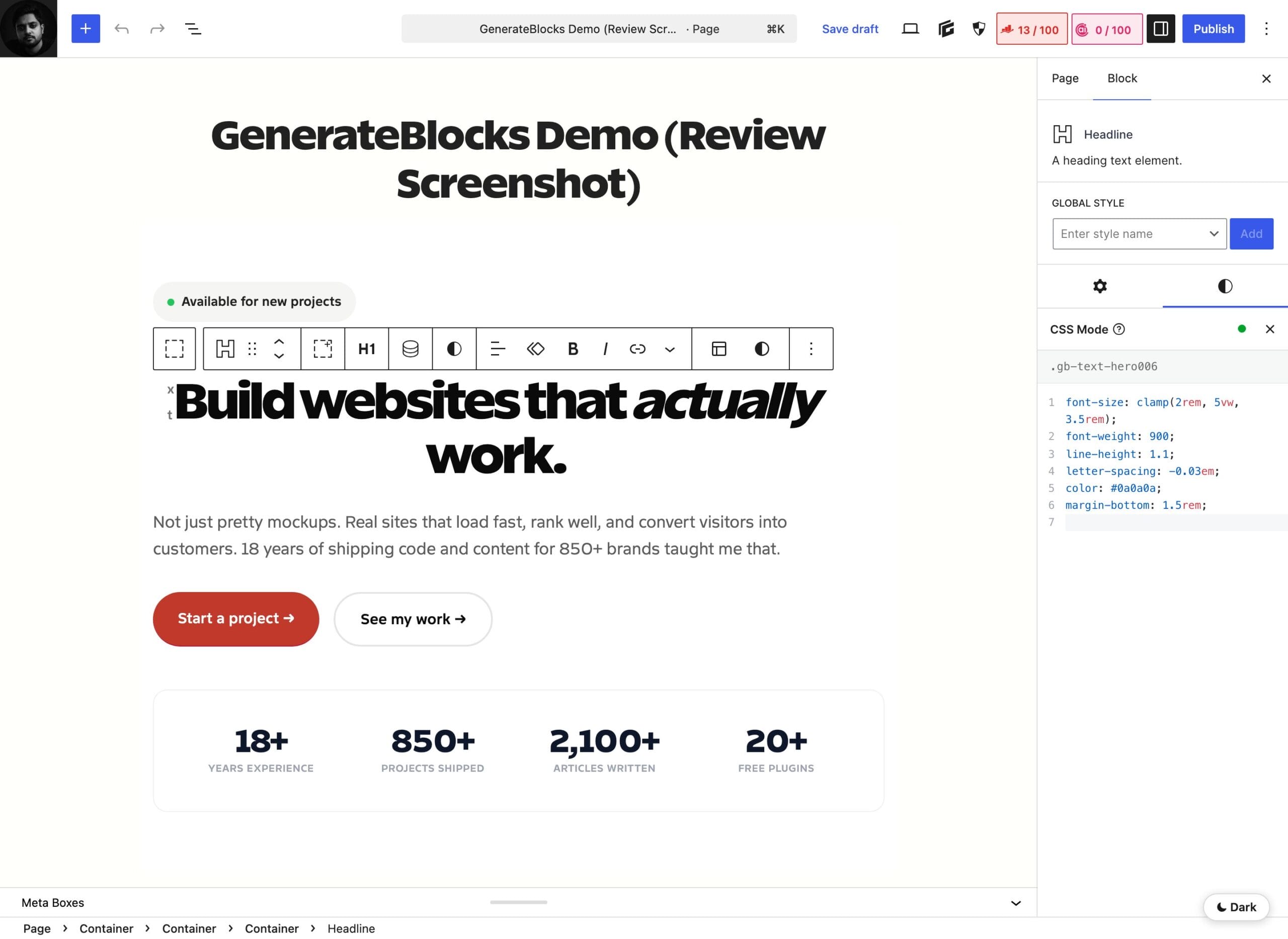 GenerateBlocks 2.3 CSS Mode editing a block's CSS directly