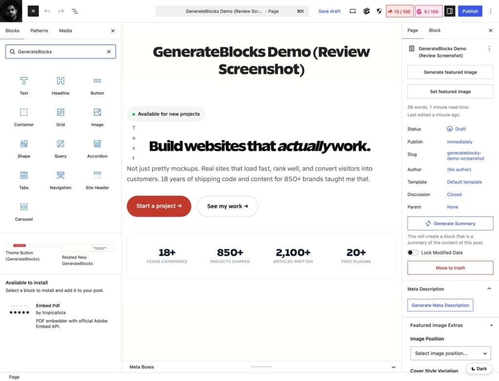 GenerateBlocks blocks in the native WordPress block editor inserter