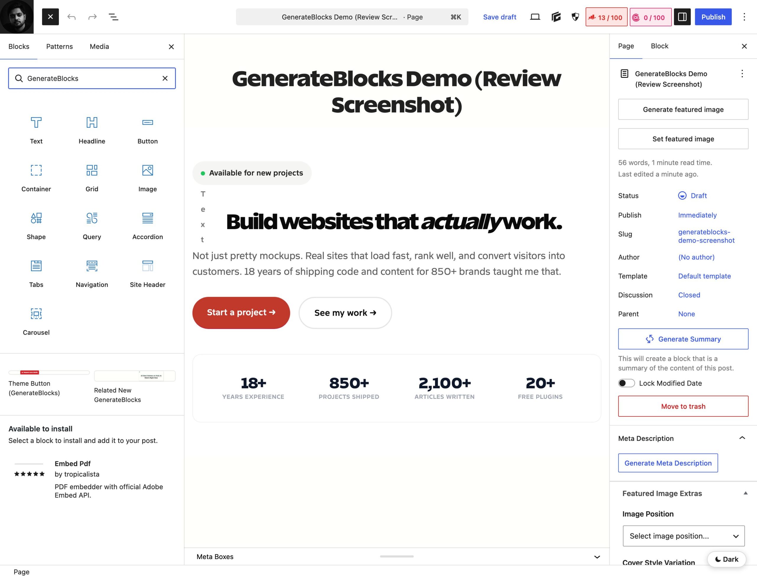 GenerateBlocks blocks in the native WordPress block editor inserter