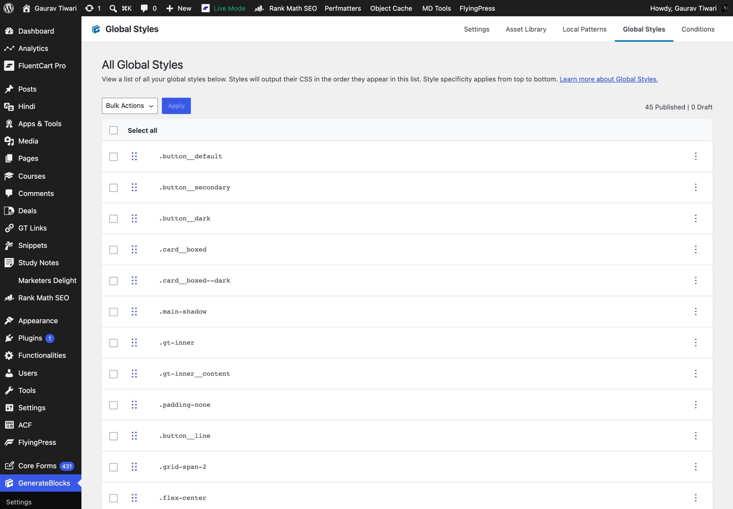 GenerateBlocks Global Styles list of reusable design classes