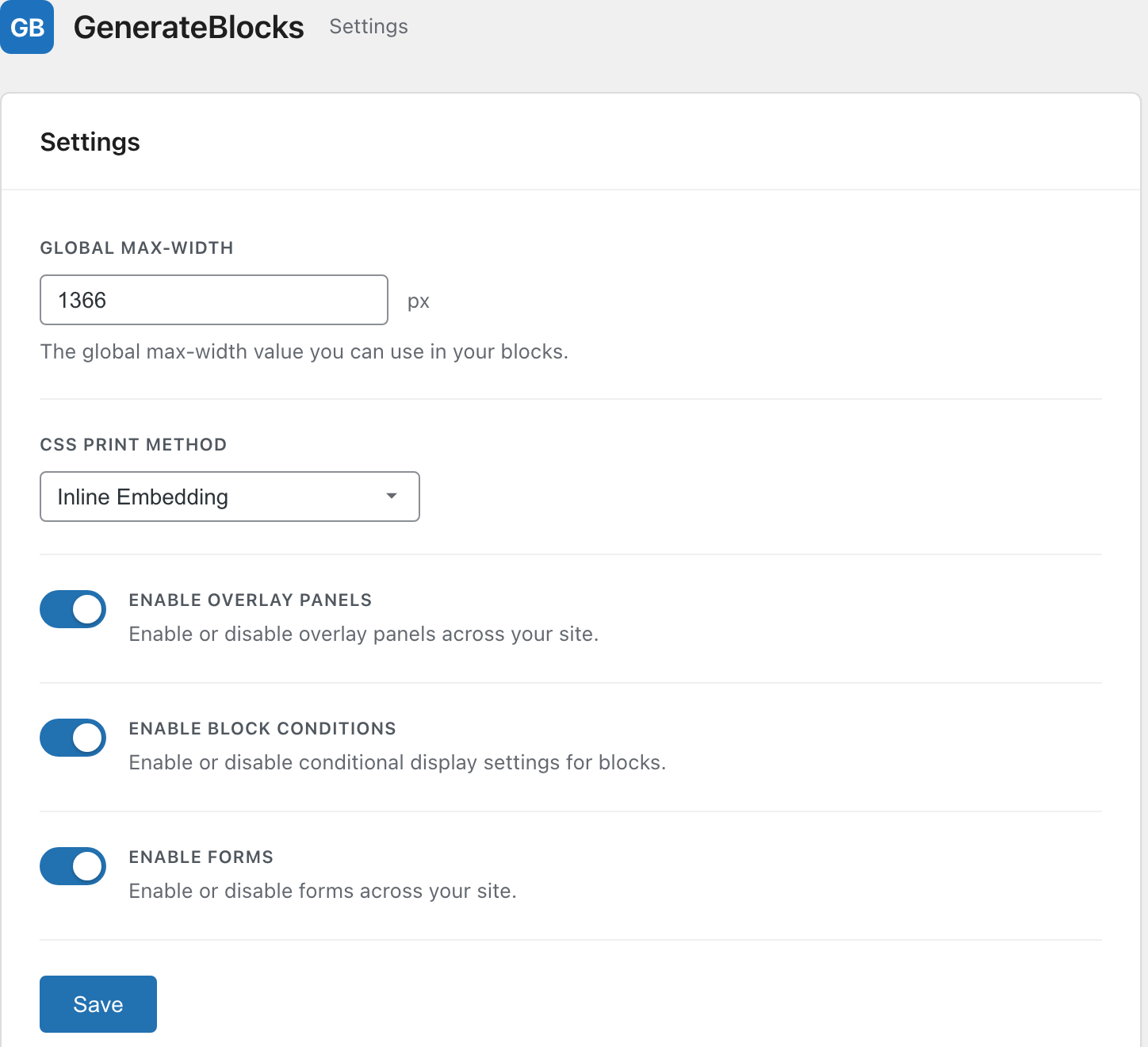 GenerateBlocks settings showing the Enable Overlay Panels toggle for popups